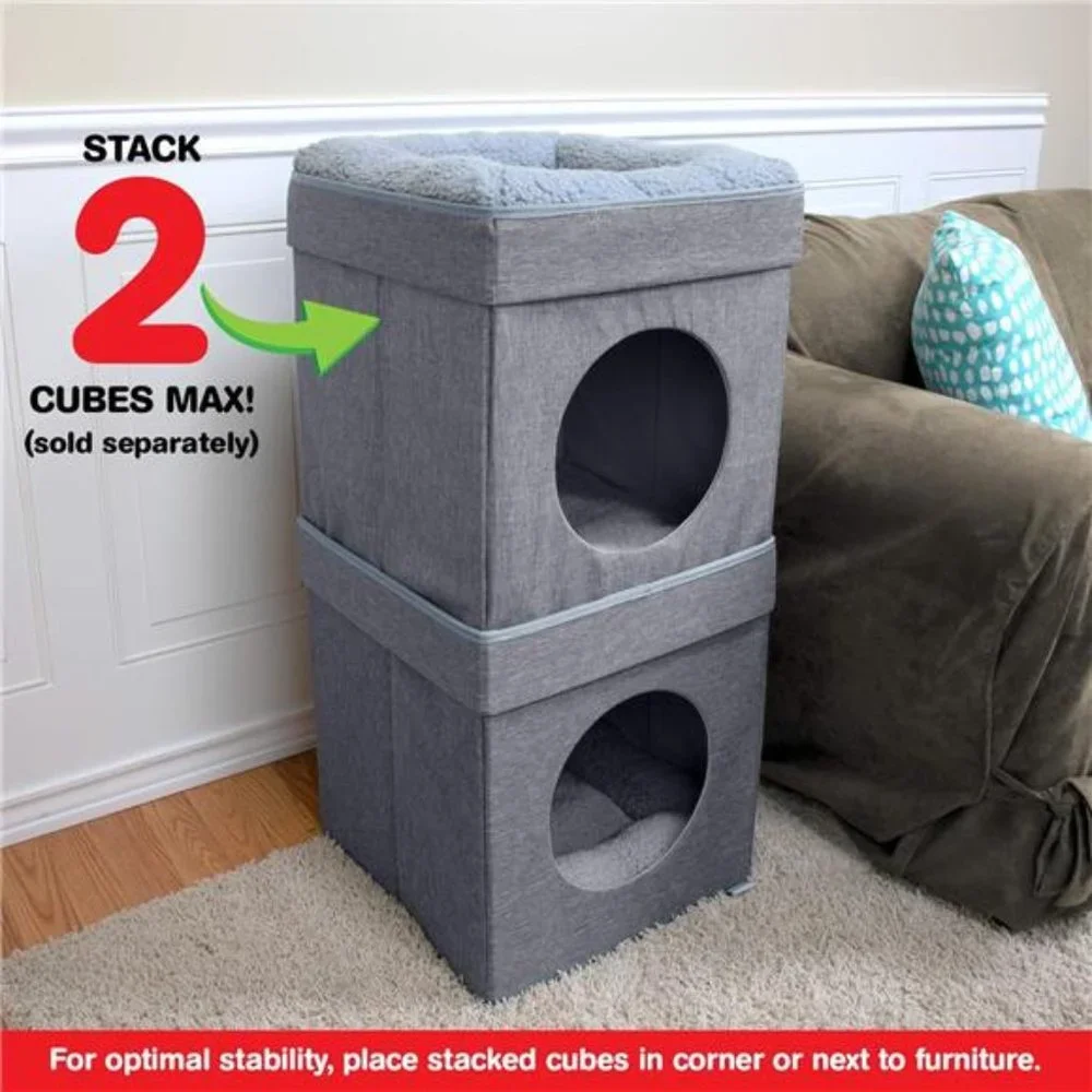 Large Cat Bed, Stackable Cat Cube, Indoor Cat House, Cat Scratcher, Gray